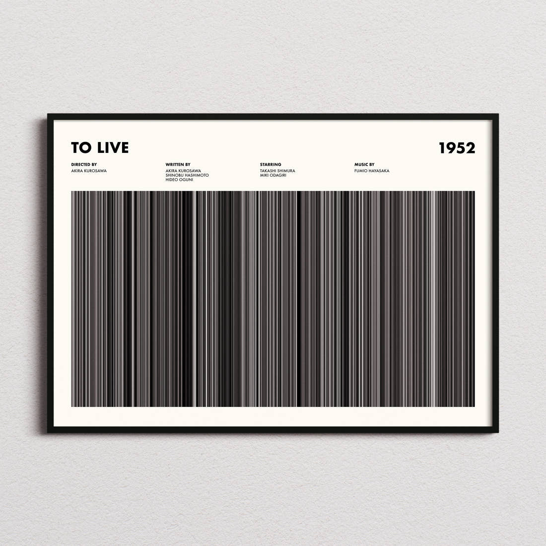 To Live Movie Barcode Poster framed and photographed straight on