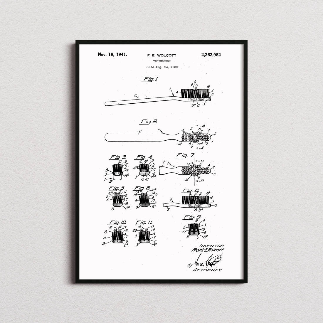 Toothbrush Patent Print in the white colourway, framed