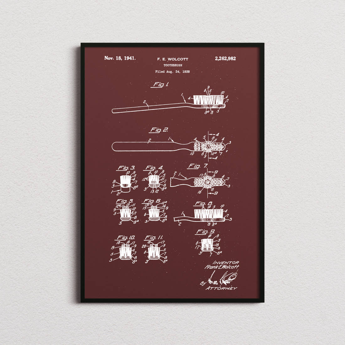 Toothbrush Patent Print in the burgundy colourway, framed