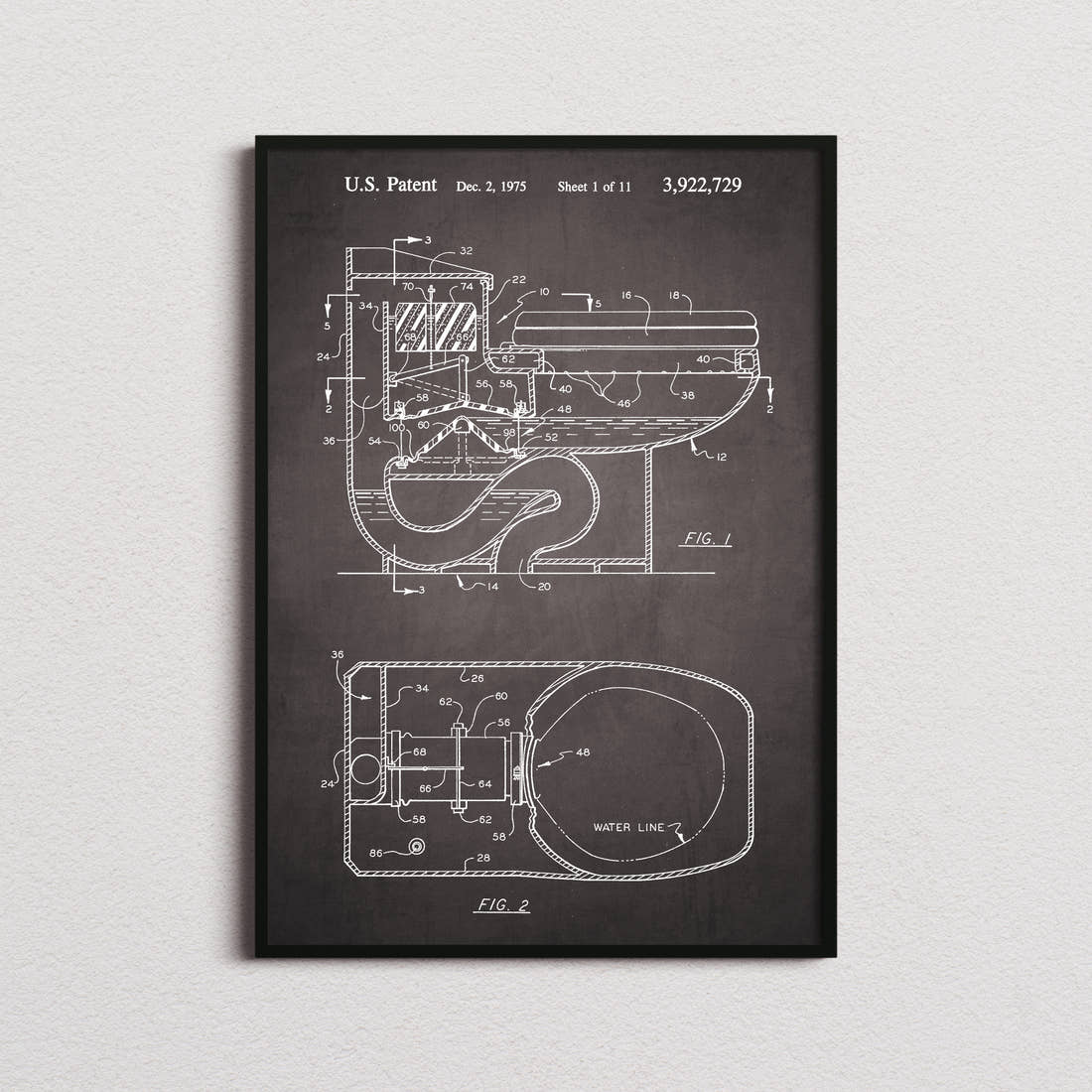 Toilet Flush Patent Print in the blackboard colourway, framed