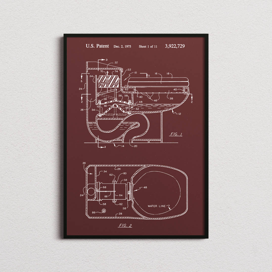 Toilet Flush Patent Print in the burgundy colourway, framed