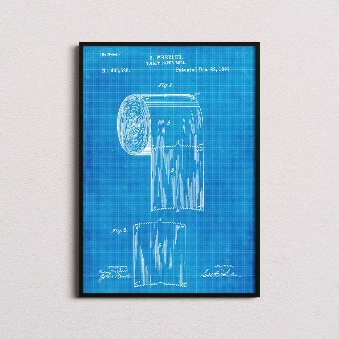 Toilet Paper Roll Patent Print in the blueprint colourway, framed