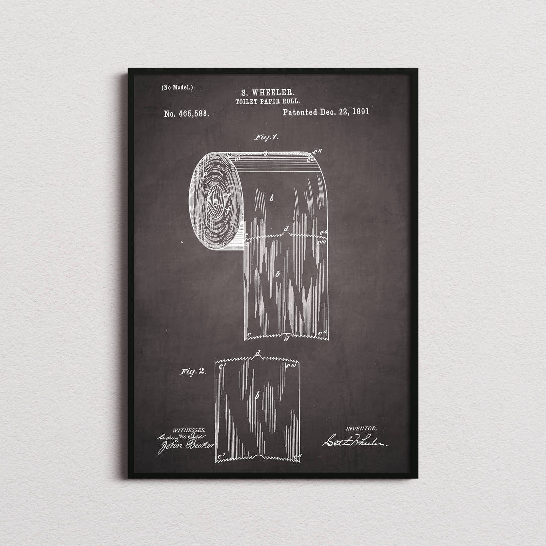 Toilet Paper Roll Patent Print in the blackboard colourway, framed