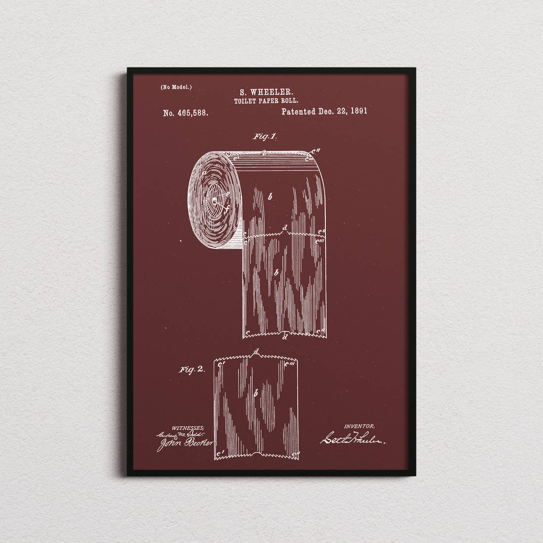 Toilet Paper Roll Patent Print in the burgundy colourway, framed