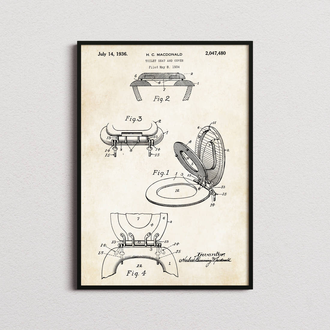 Toilet Seat And Cover Patent Print in the aged paper colourway, framed