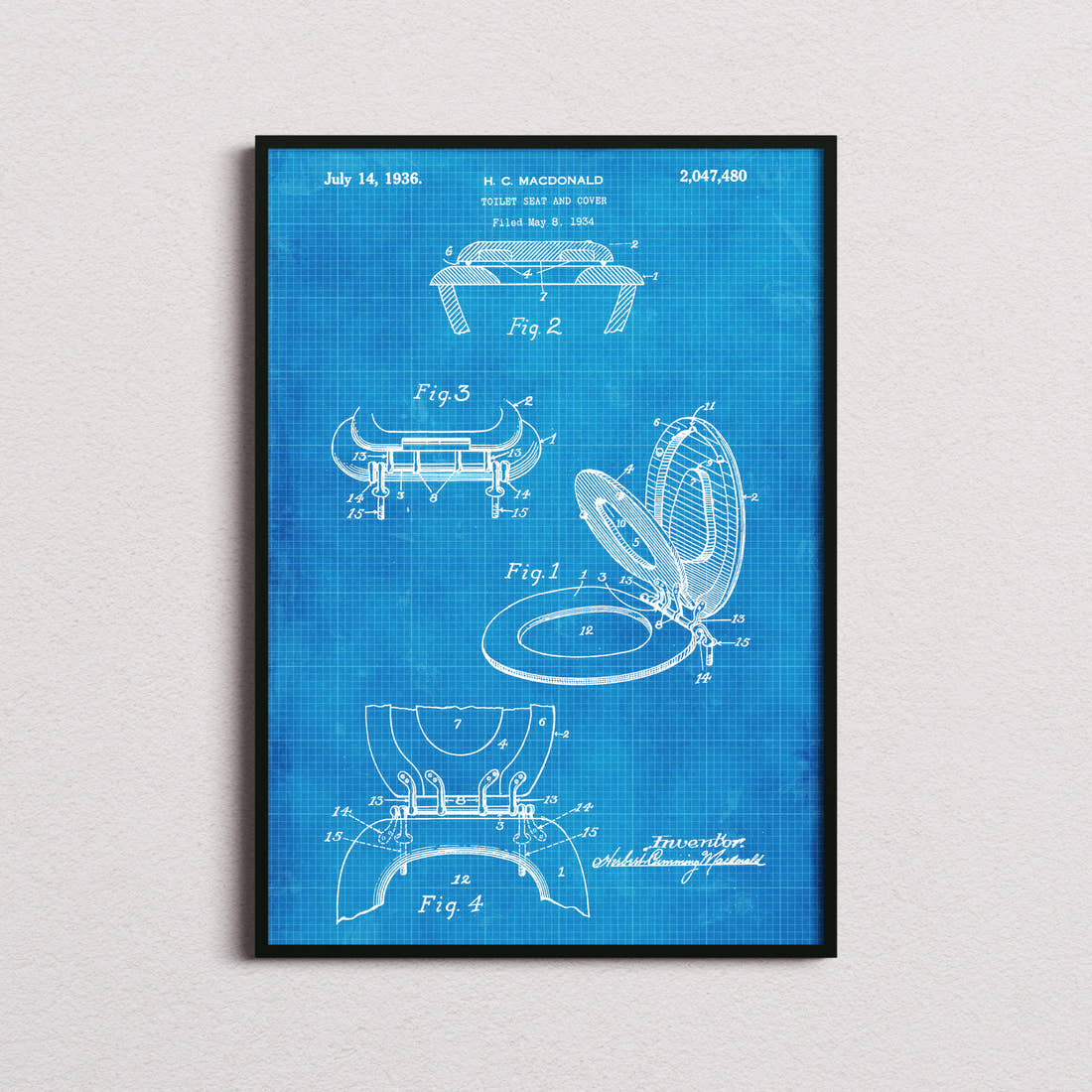 Toilet Seat And Cover Patent Print in the blueprint colourway, framed