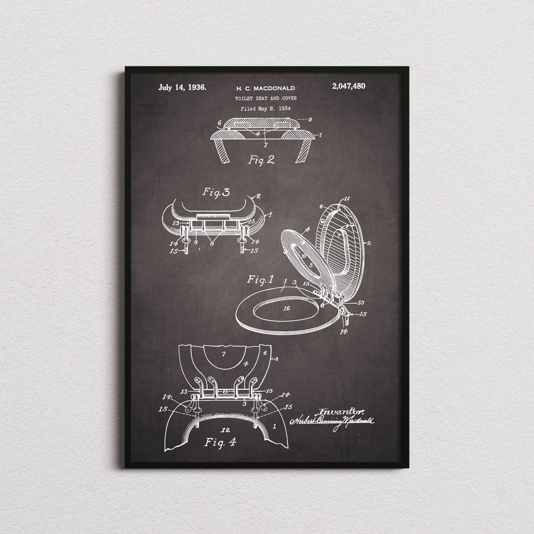 Toilet Seat And Cover Patent Print in the blackboard colourway, framed
