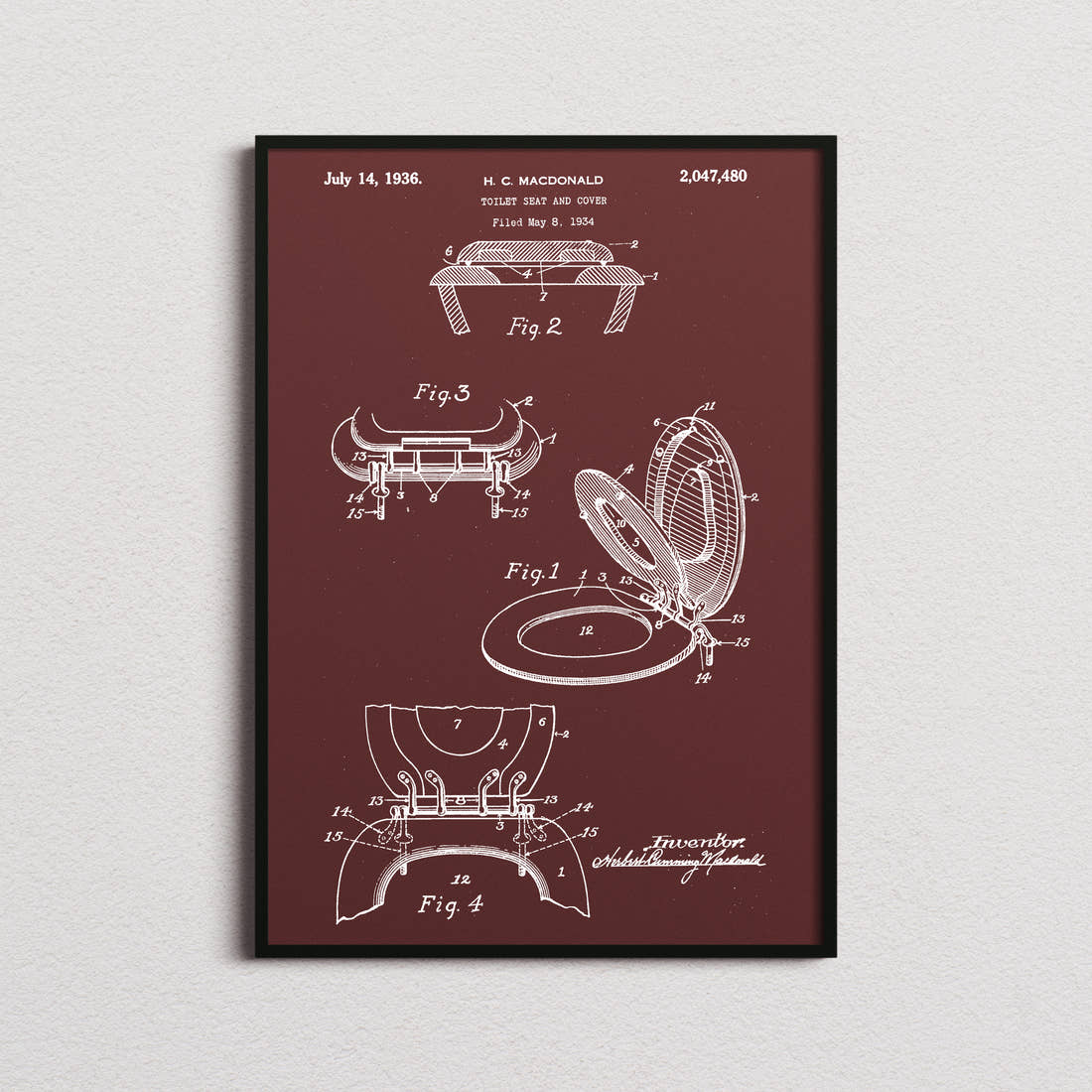Toilet Seat And Cover Patent Print in the burgundy colourway, framed