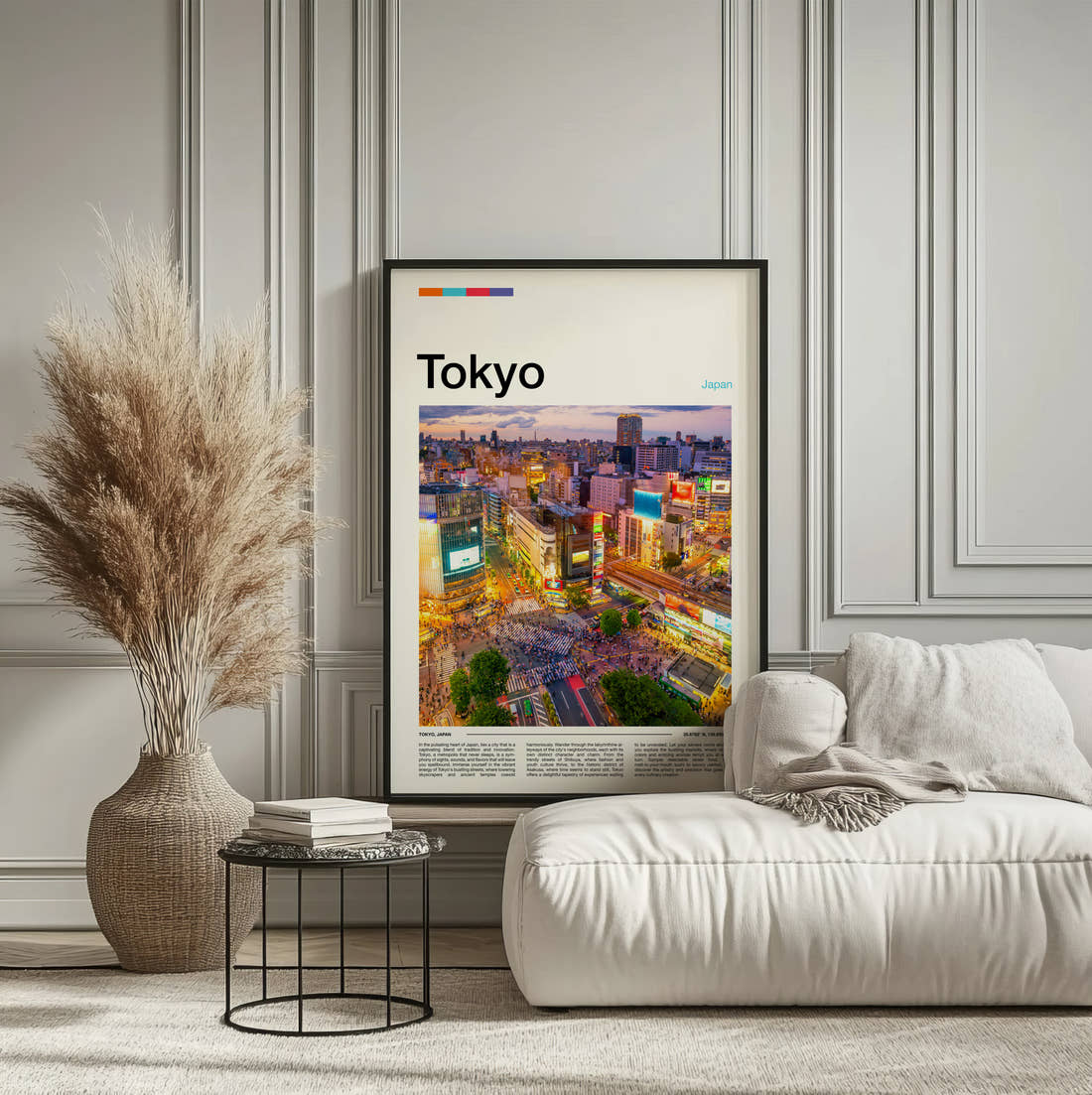 Tokyo Shibuya Crossing Travel Print framed on the wall of a calm, neutral bedroom