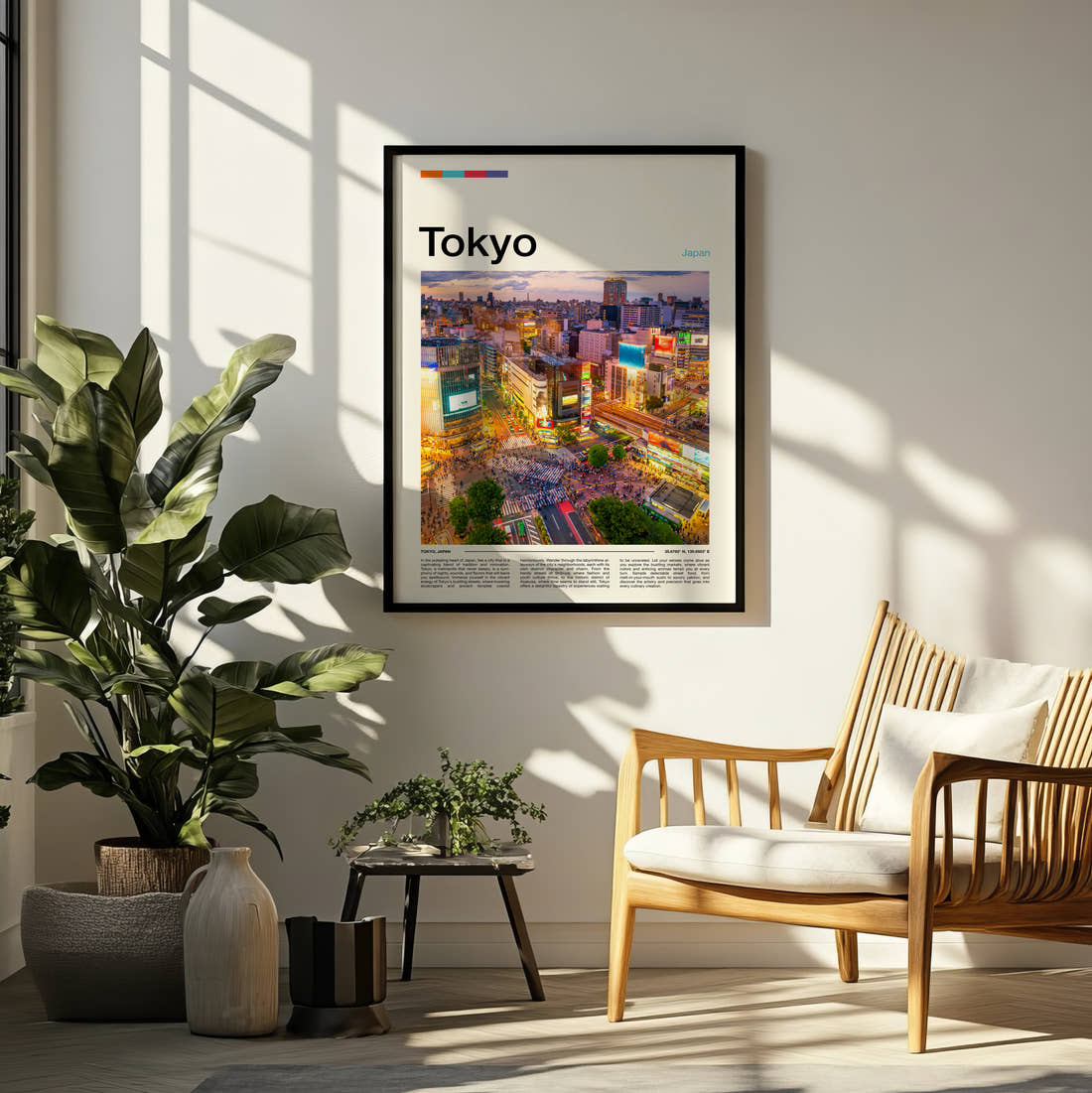 Tokyo Shibuya Crossing Travel Print framed on a pale wall beside houseplants
