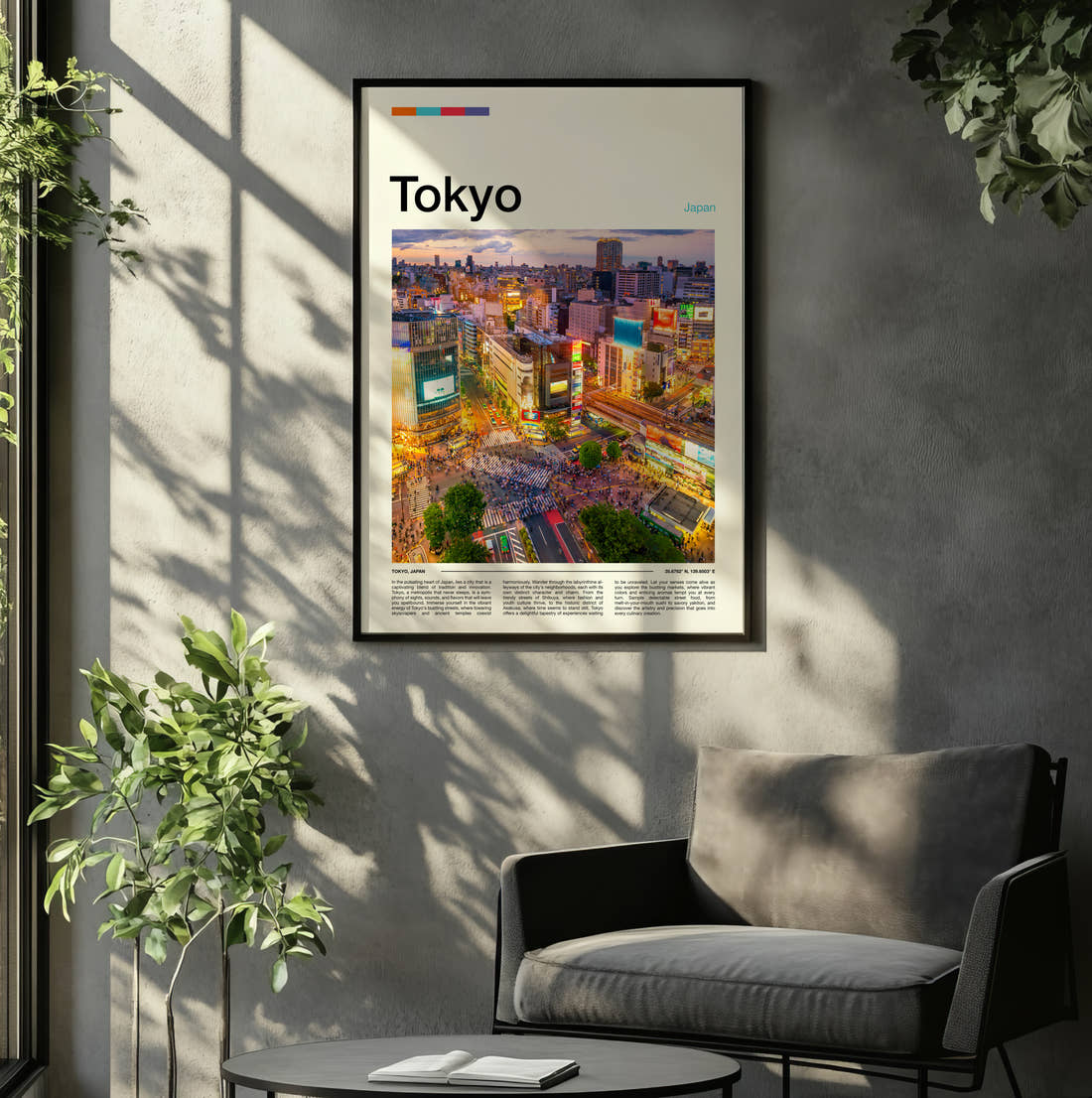 Tokyo Shibuya Crossing Travel Print framed on the wall of a relaxed living room