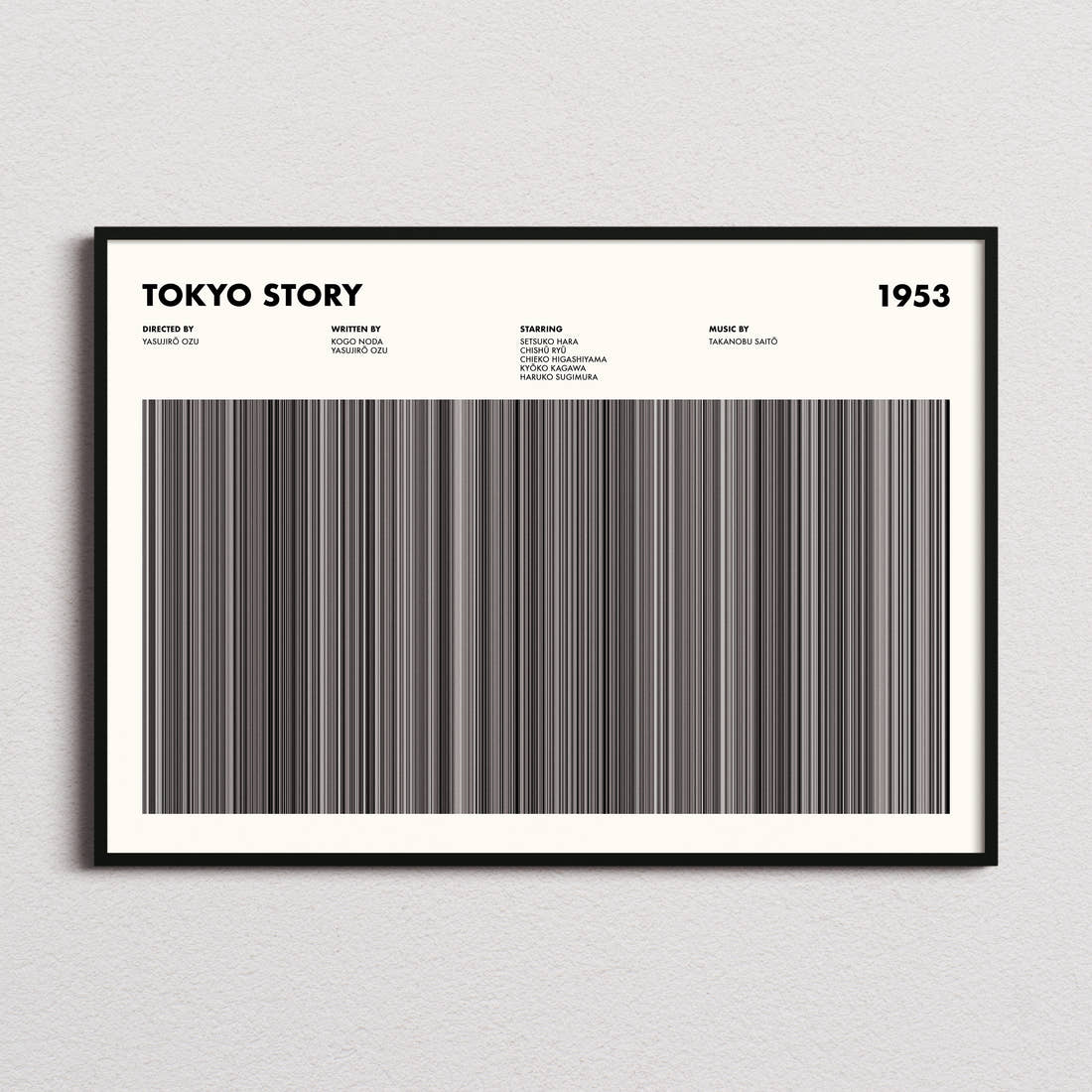 Tokyo Story Movie Barcode Poster framed and photographed straight on