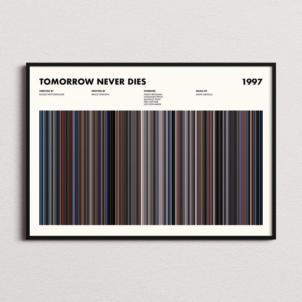 Tomorrow Never Dies Movie Barcode Poster framed and photographed straight on