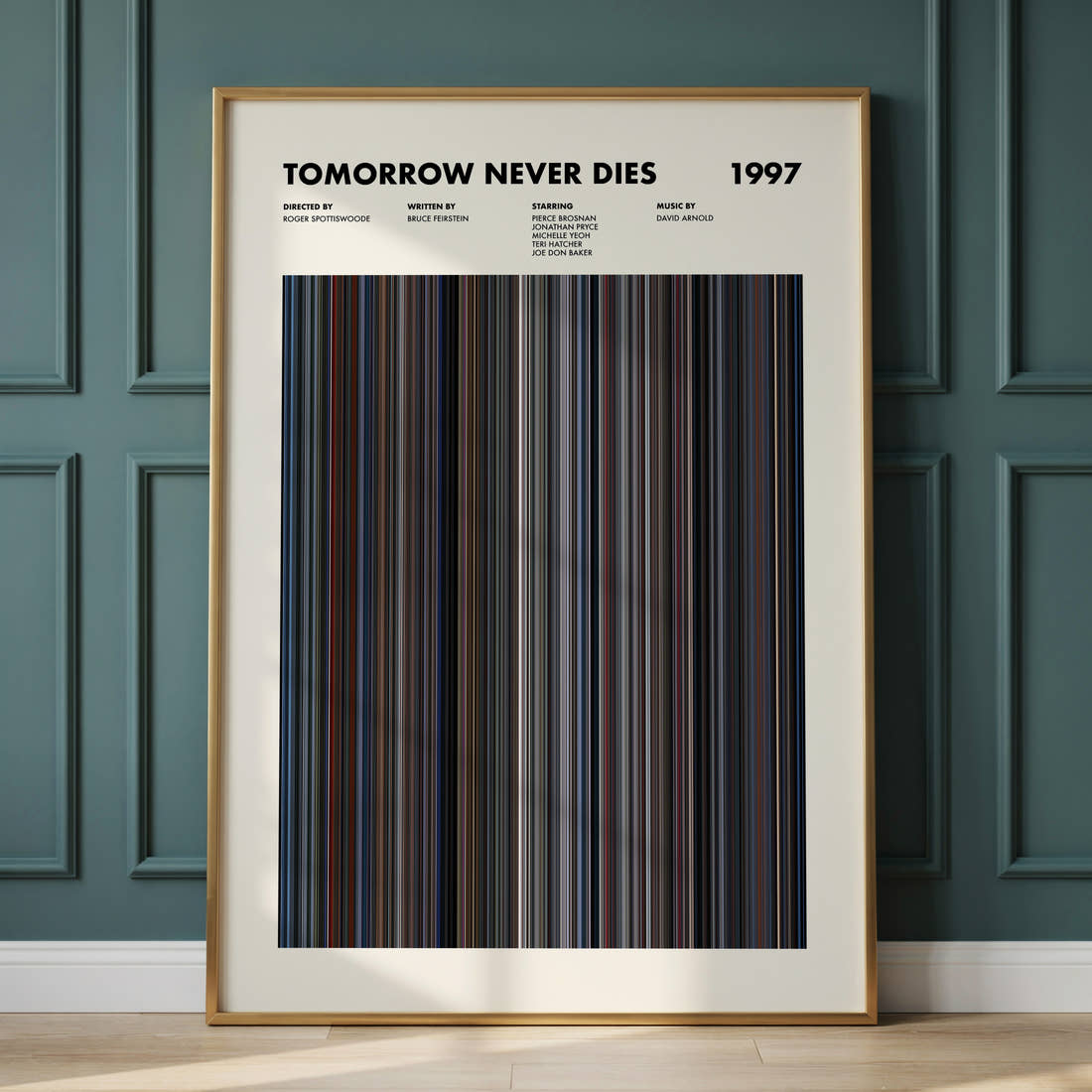 Tomorrow Never Dies Movie Barcode Poster framed and leaning against a panelled wall