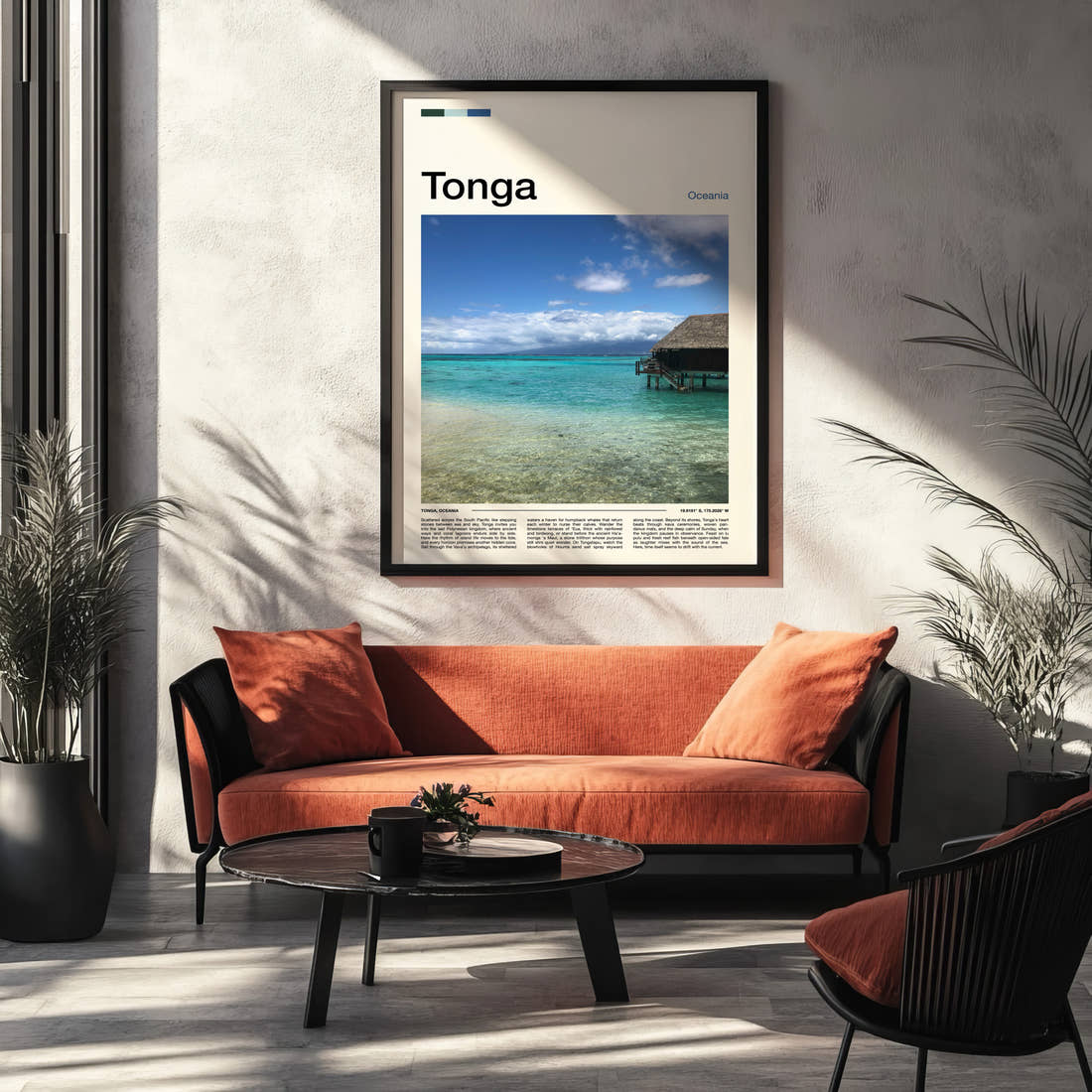 Tonga Overwater Bungalow, Lagoon Travel Print framed on the wall of a modern living room