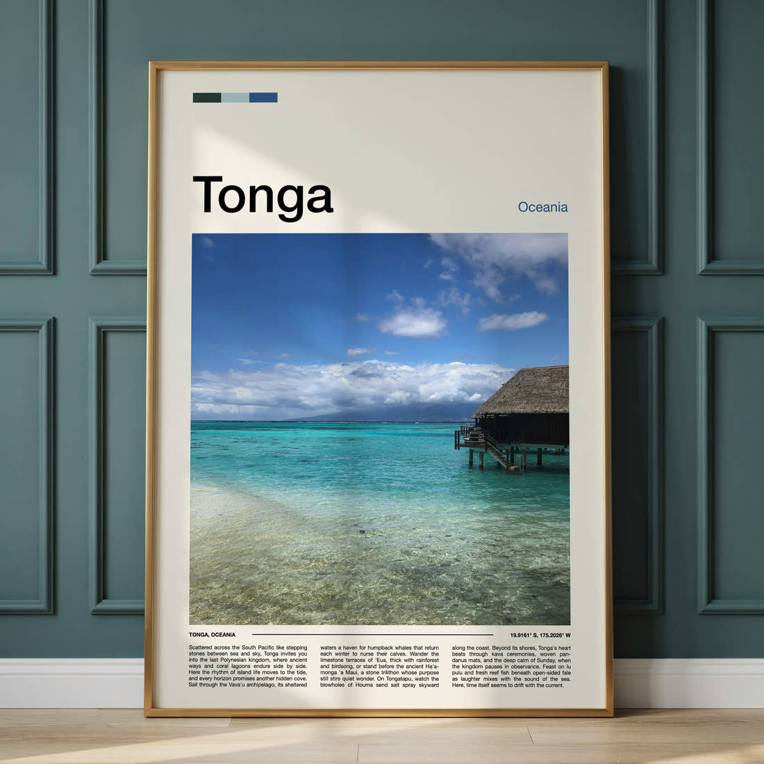 Tonga Overwater Bungalow, Lagoon Travel Print framed on the wall of a calm, neutral bedroom