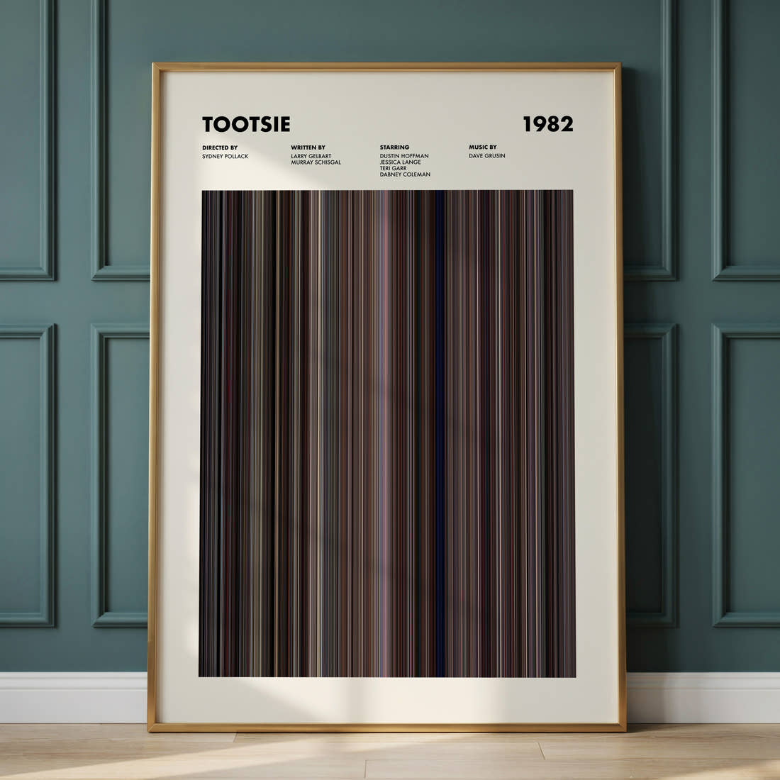 Tootsie Movie Barcode Poster framed and leaning against a panelled wall