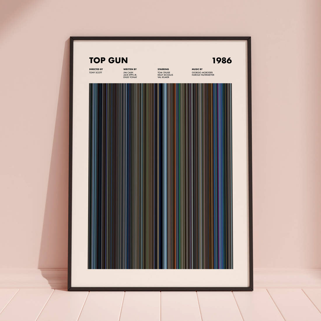 Top Gun Movie Barcode Poster framed and leaning against a coloured wall