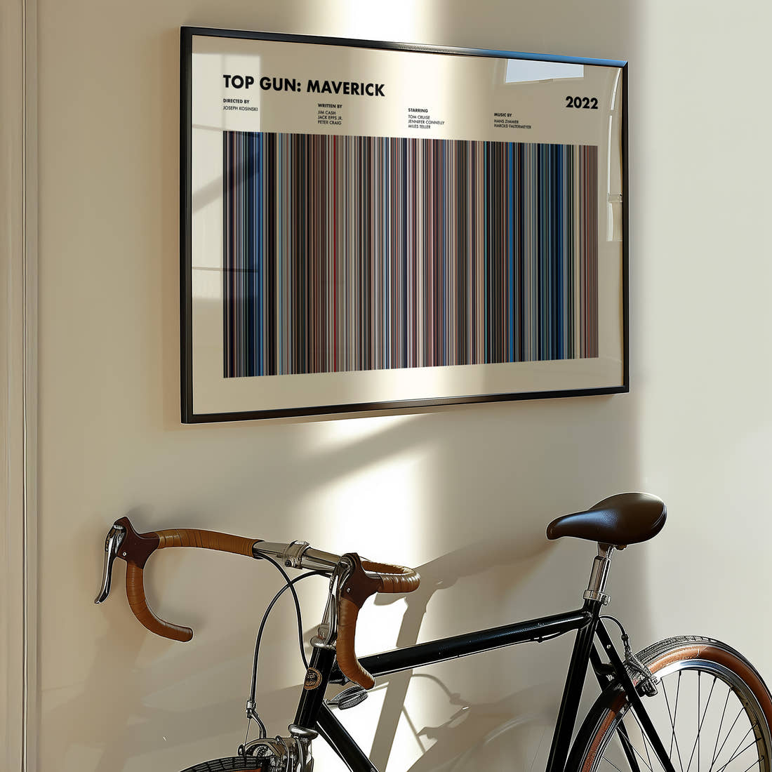 Top Gun: Maverick Movie Barcode Poster framed on the wall of a styled room setting
