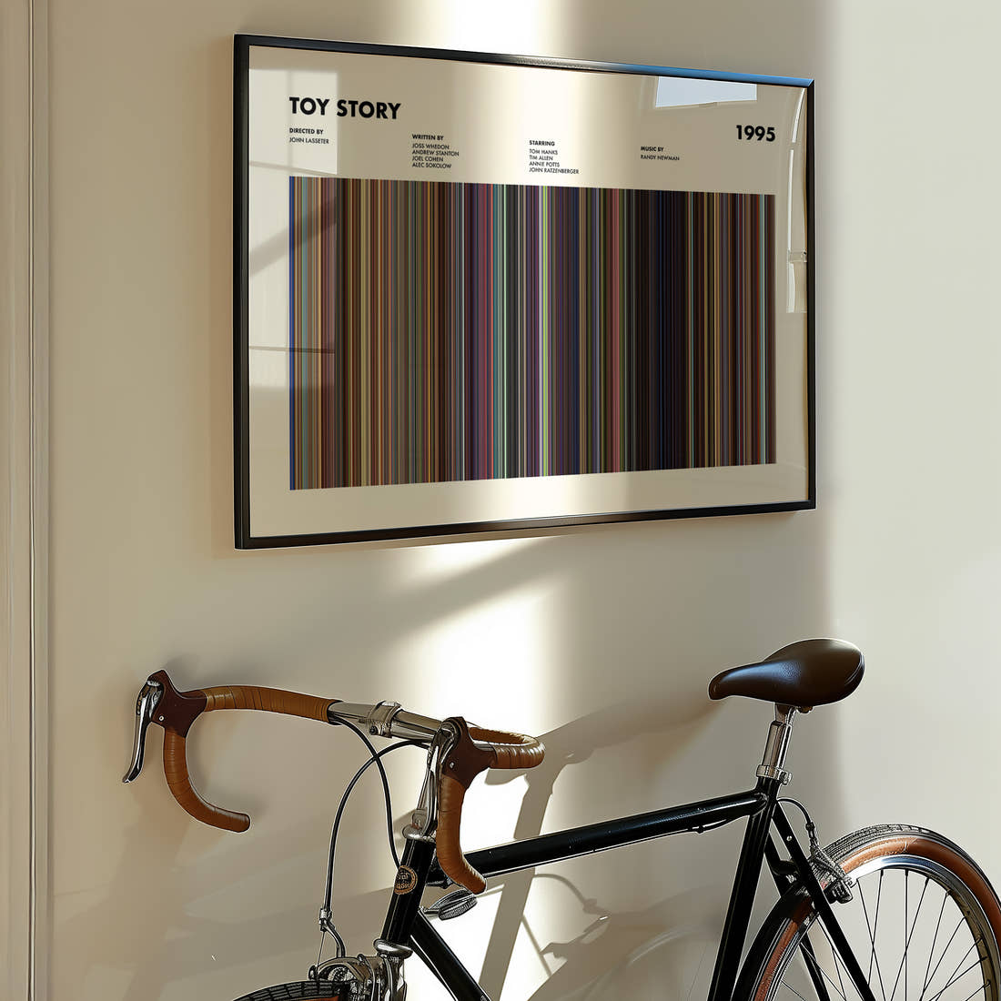 Toy Story Movie Barcode Poster framed on the wall of a styled room setting