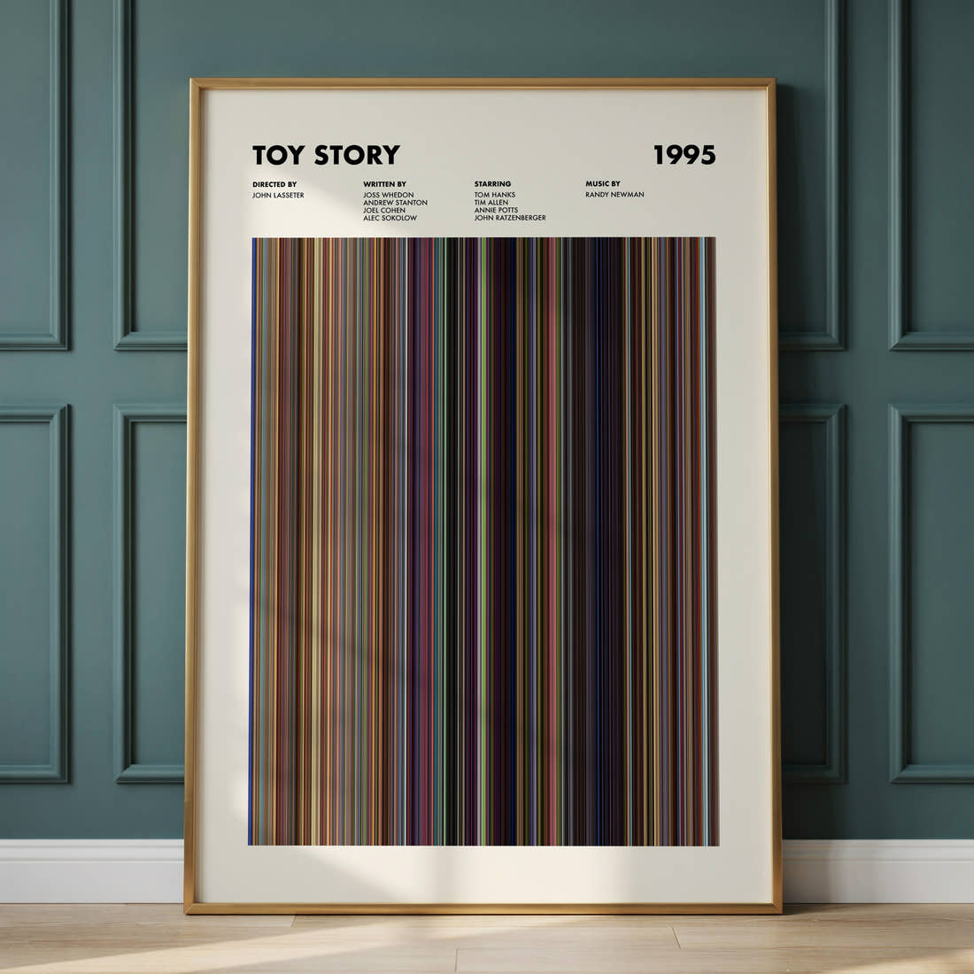 Toy Story Movie Barcode Poster framed and leaning against a panelled wall