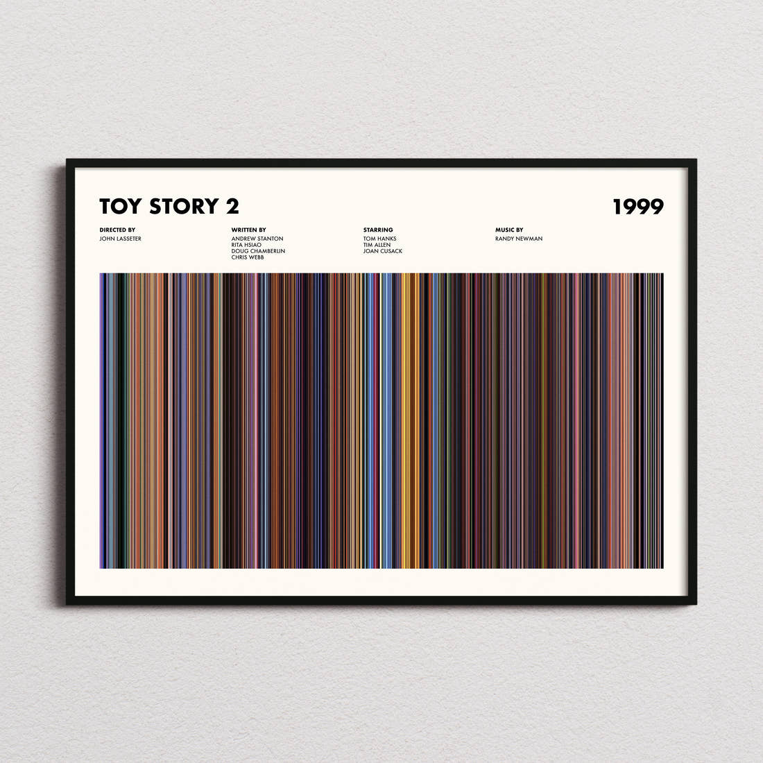 Toy Story 2 Movie Barcode Poster framed and photographed straight on