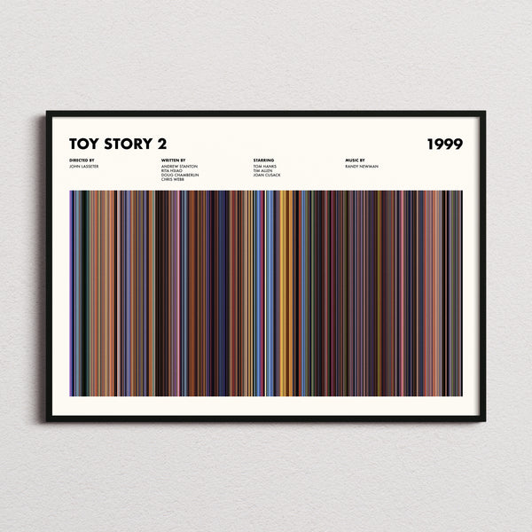 Toy Story 2 Movie Barcode Poster framed and photographed straight on