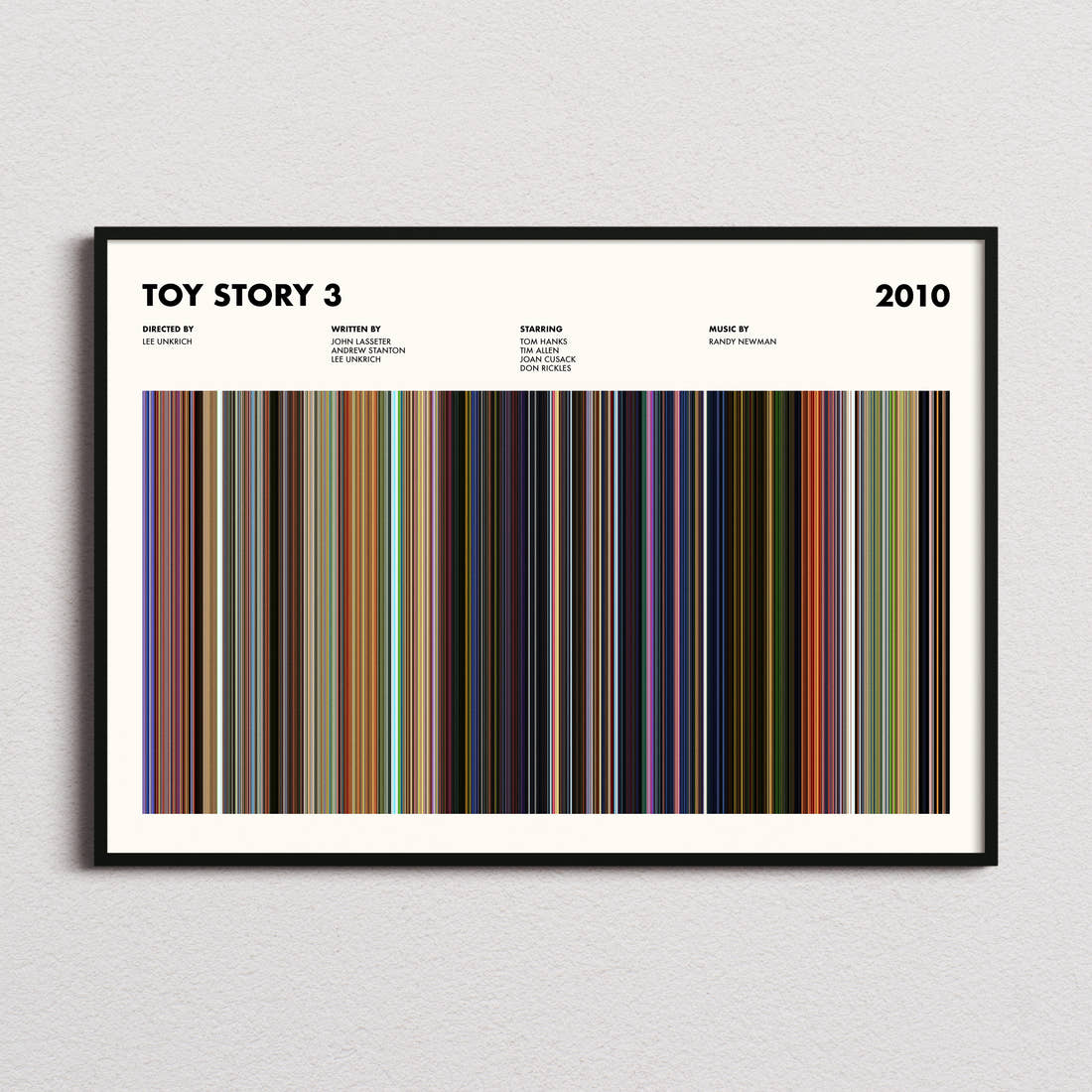 Toy Story 3 Movie Barcode Poster framed and photographed straight on
