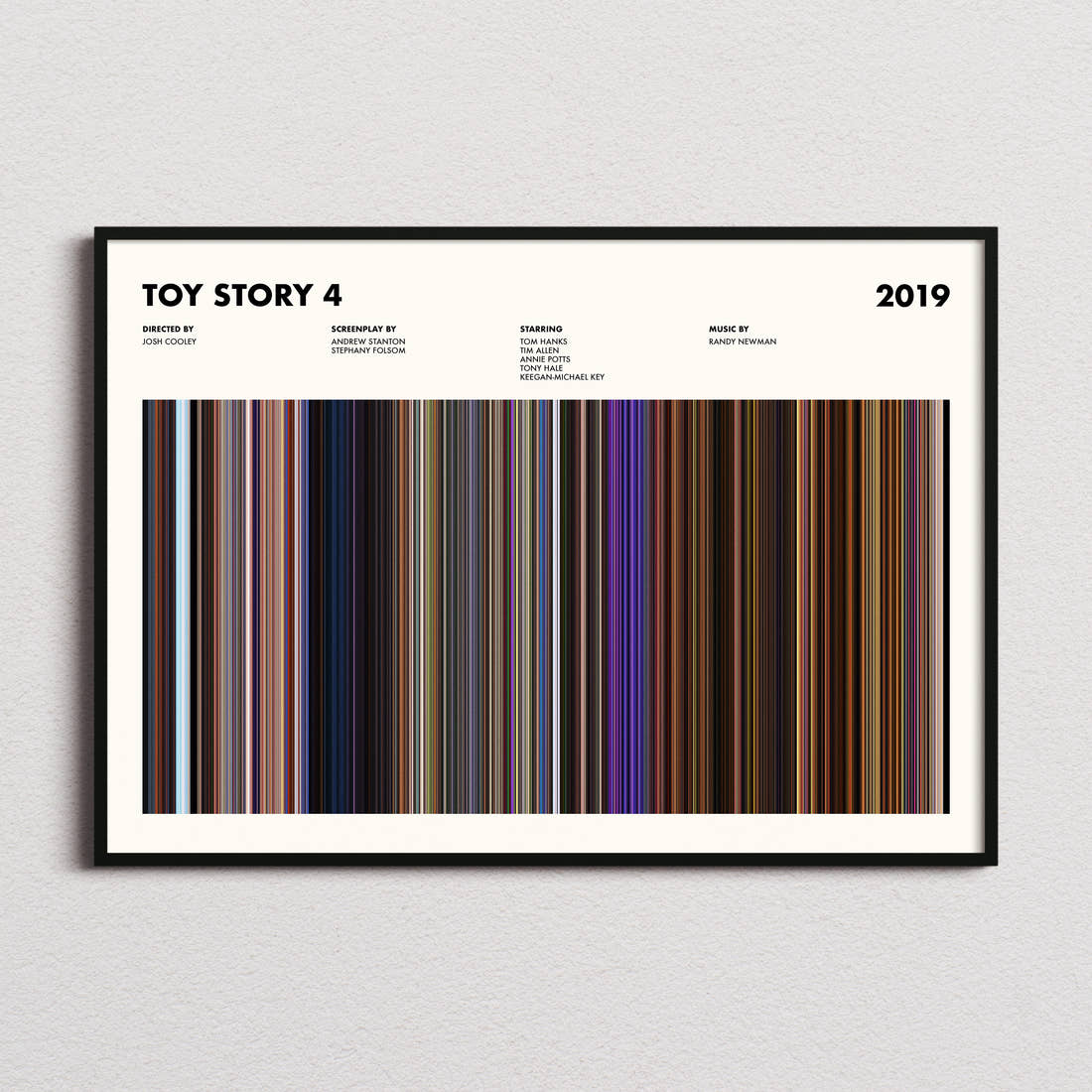 Toy Story 4 Movie Barcode Poster framed and photographed straight on
