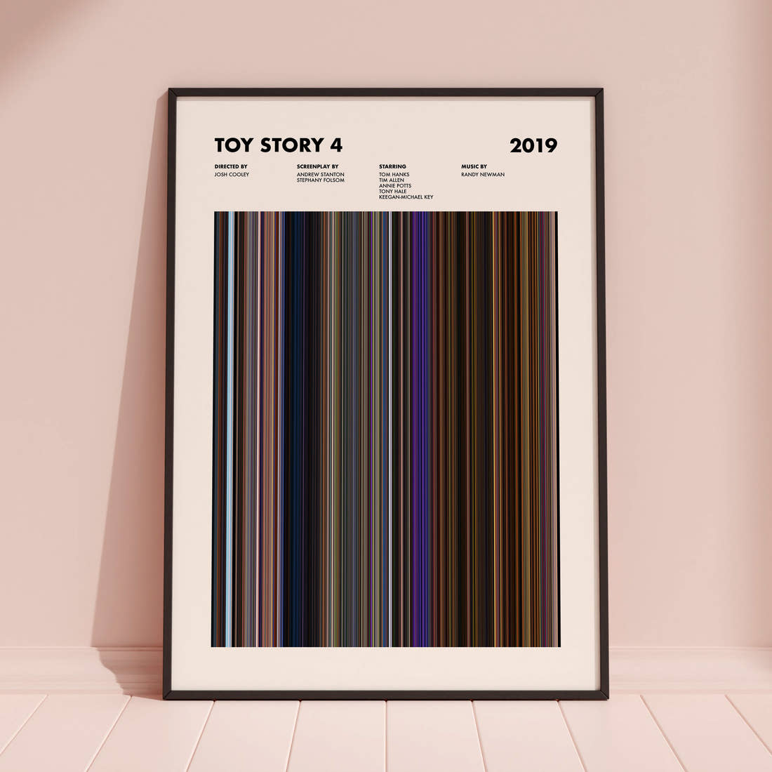 Toy Story 4 Movie Barcode Poster framed and leaning against a coloured wall
