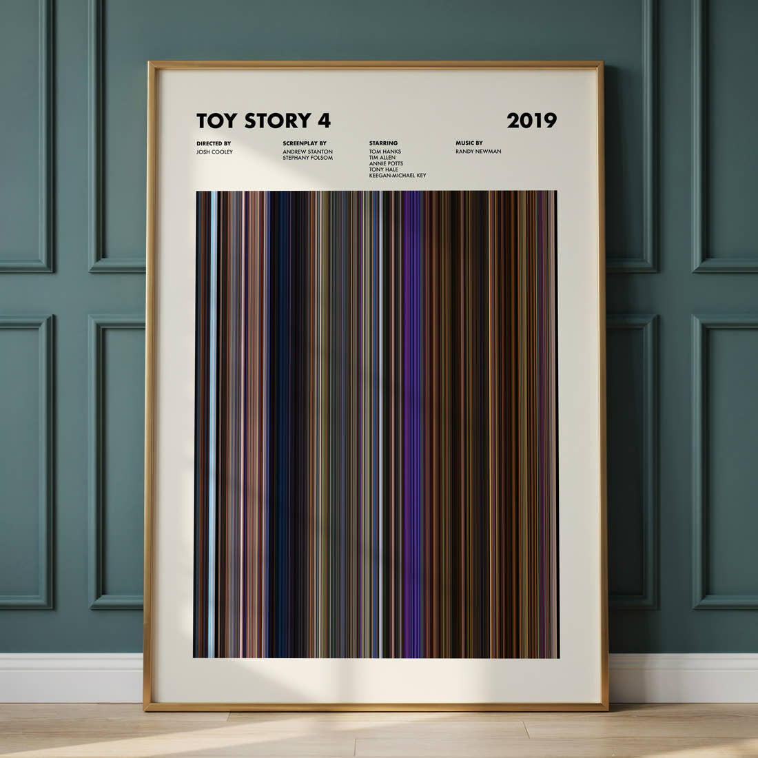 Toy Story 4 Movie Barcode Poster framed and leaning against a panelled wall
