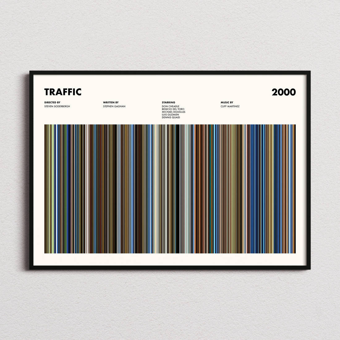 Traffic Movie Barcode Poster framed and photographed straight on