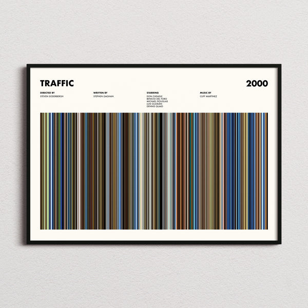 Traffic Movie Barcode Poster framed and photographed straight on