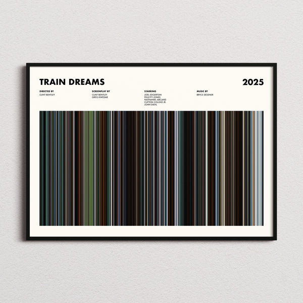 Train Dreams Movie Barcode Poster framed and photographed straight on