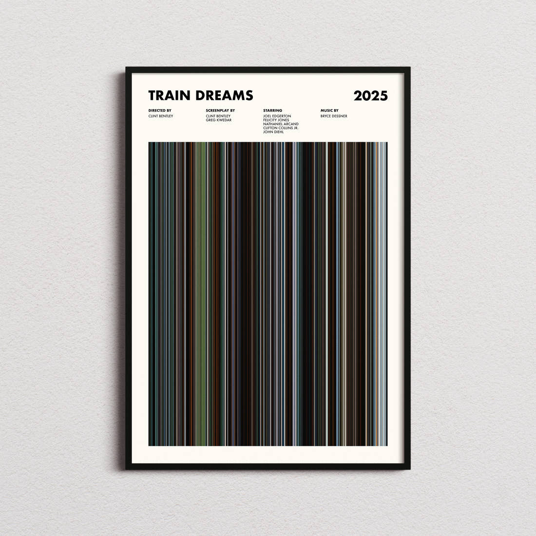 Train Dreams Movie Barcode Poster framed on a plain studio wall