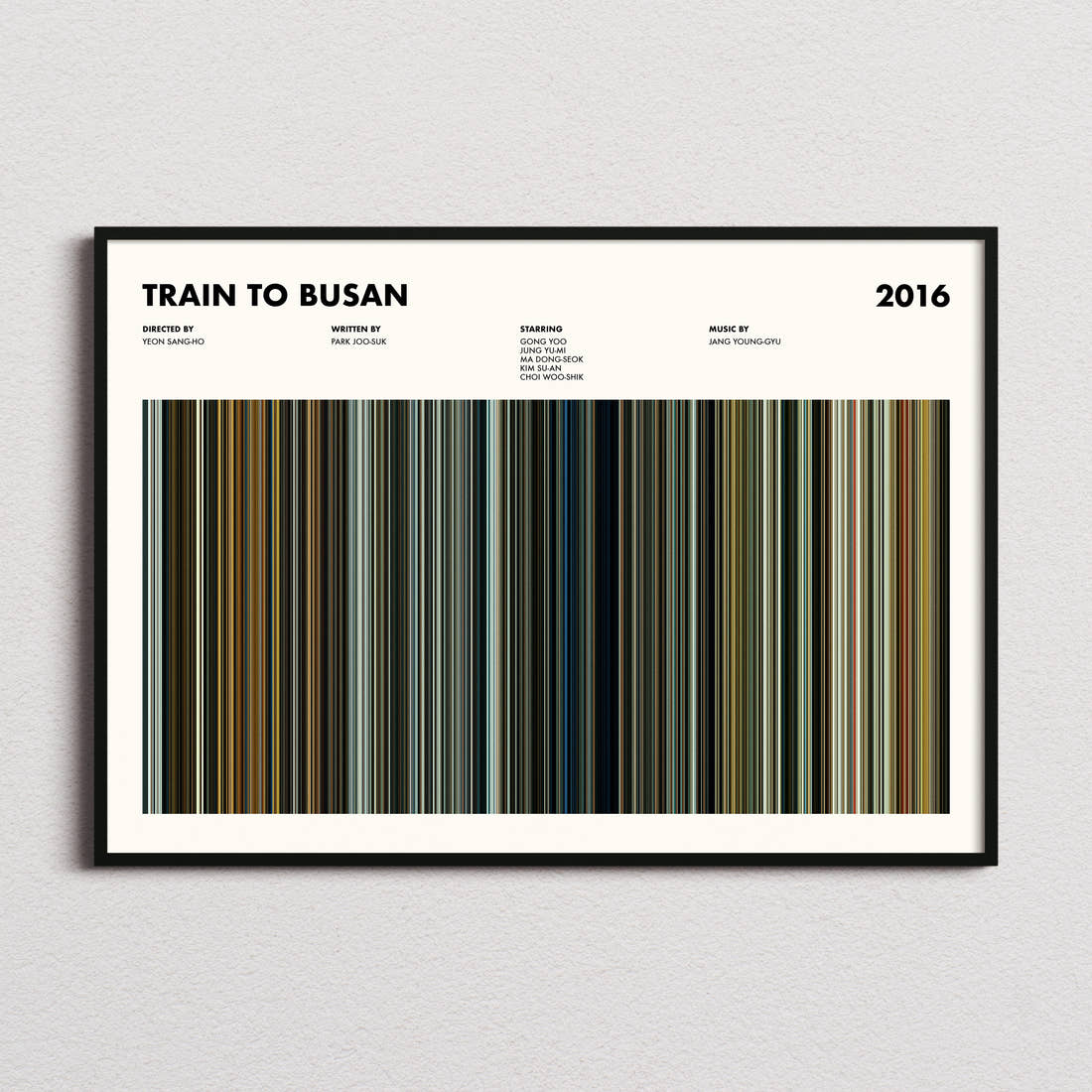 Train to Busan Movie Barcode Poster framed and photographed straight on