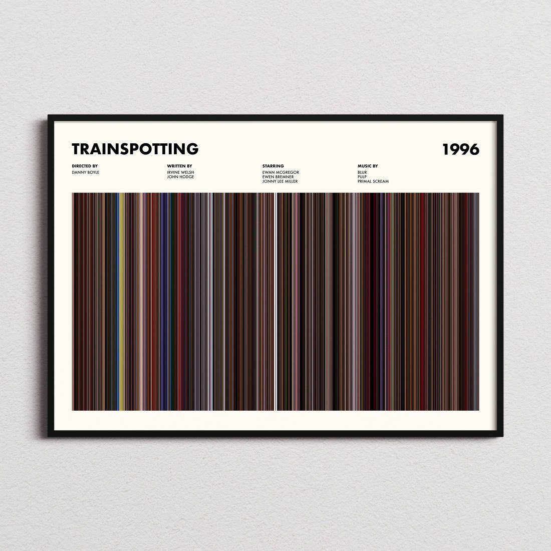Trainspotting Movie Barcode Poster framed and photographed straight on