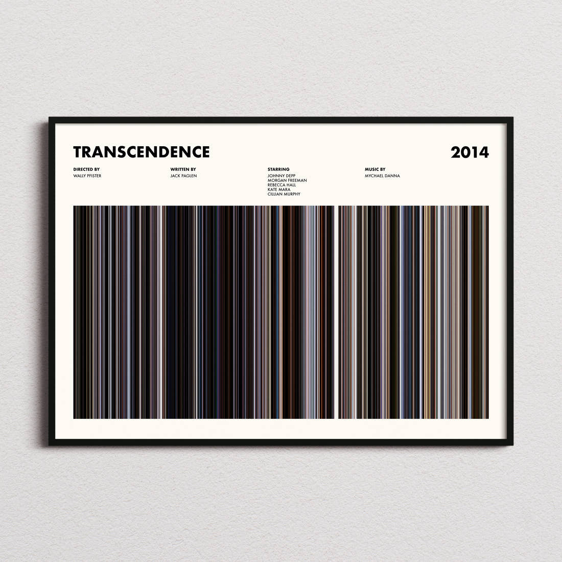 Transcendence Movie Barcode Poster framed and photographed straight on