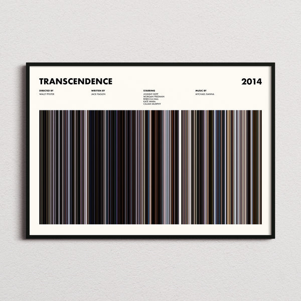 Transcendence Movie Barcode Poster framed and photographed straight on