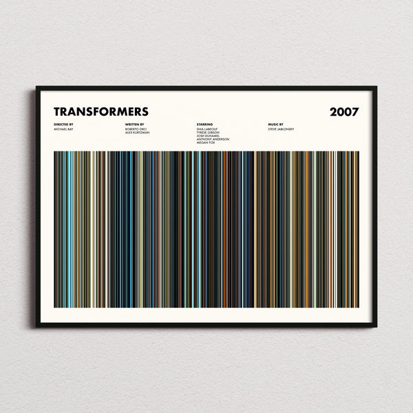 Transformers 2007 Movie Barcode Poster framed and photographed straight on