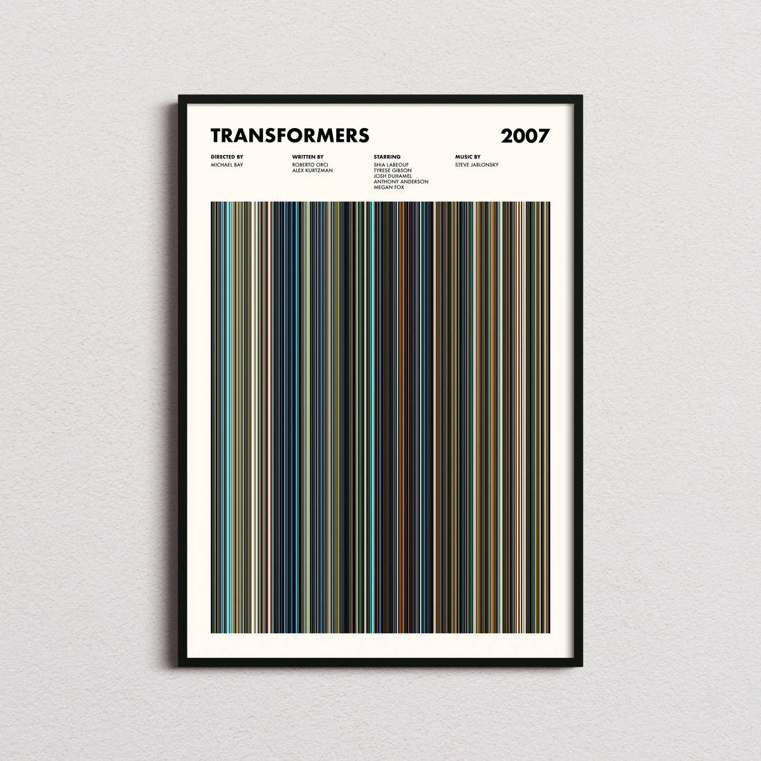 Transformers 2007 Movie Barcode Poster framed on a plain studio wall