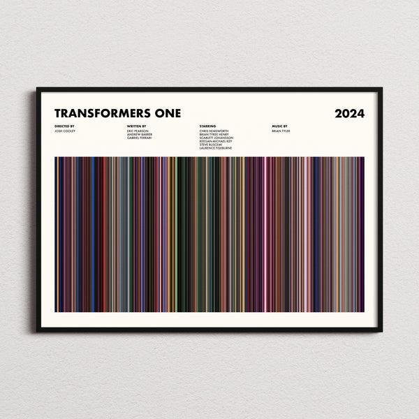 Transformers One Movie Barcode Poster framed and photographed straight on