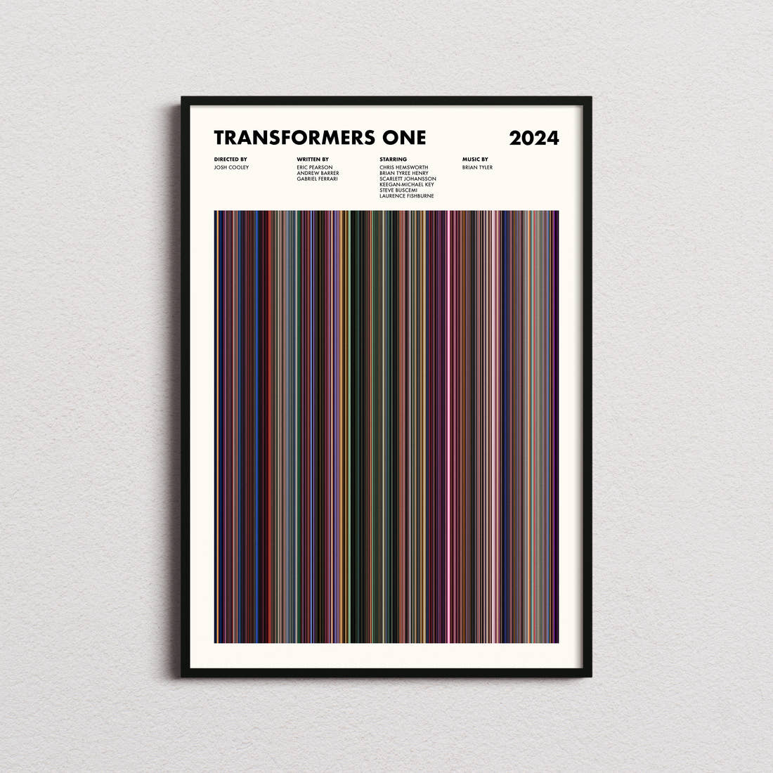 Transformers One Movie Barcode Poster framed on a plain studio wall