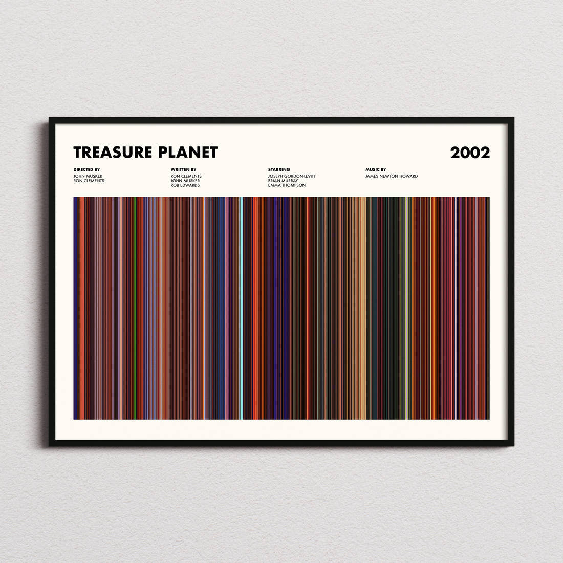 Treasure Planet Movie Barcode Poster framed and photographed straight on