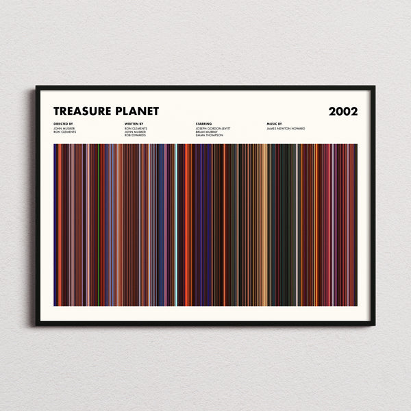 Treasure Planet Movie Barcode Poster framed and photographed straight on