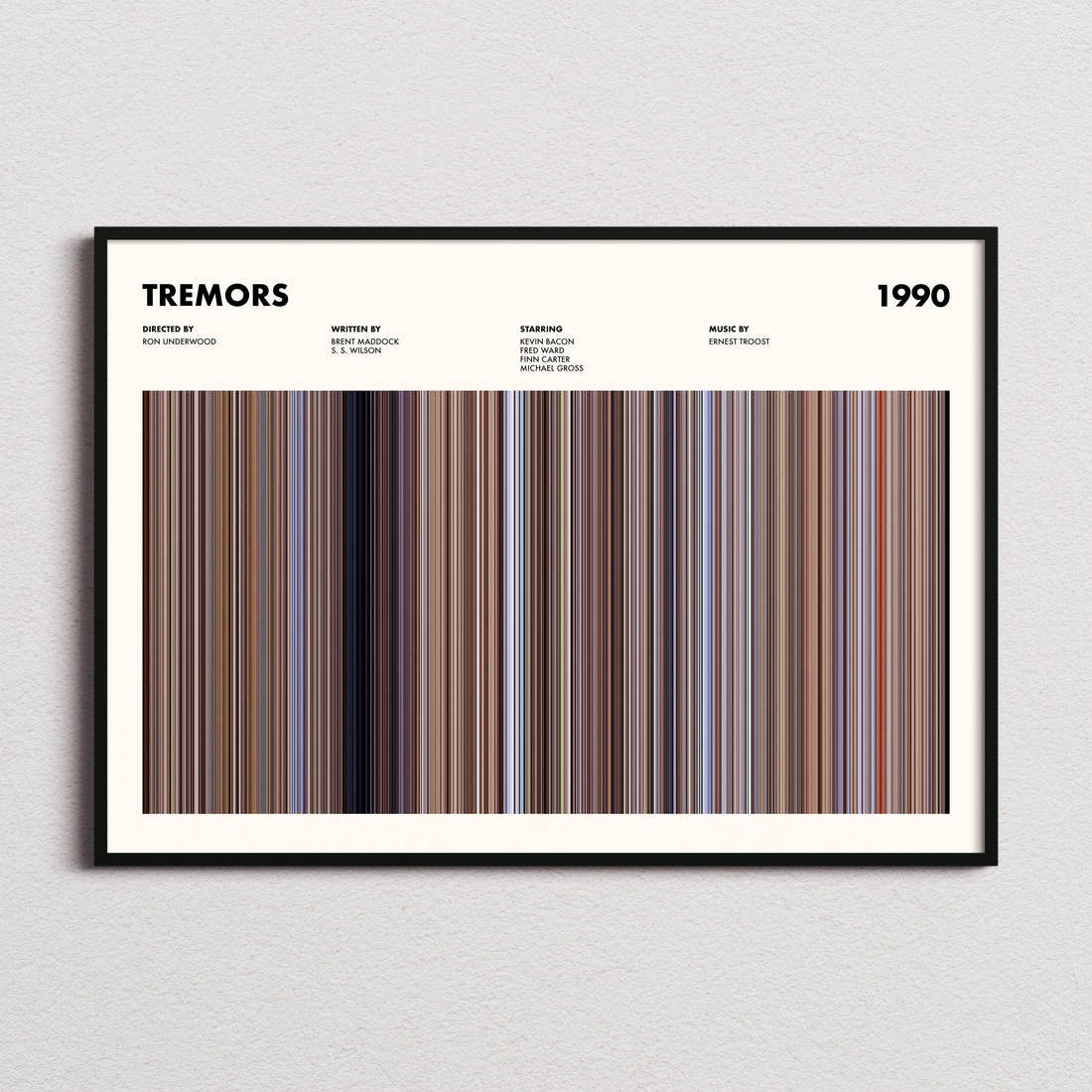Tremors Movie Barcode Poster framed and photographed straight on