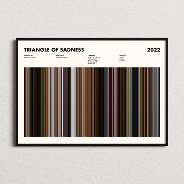 Triangle of Sadness Movie Barcode Poster framed and photographed straight on