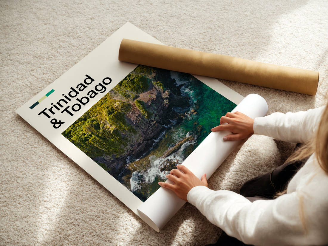 Trinidad & Tobago Rainforest Coastline Aerial Travel Print being unrolled from its postal tube