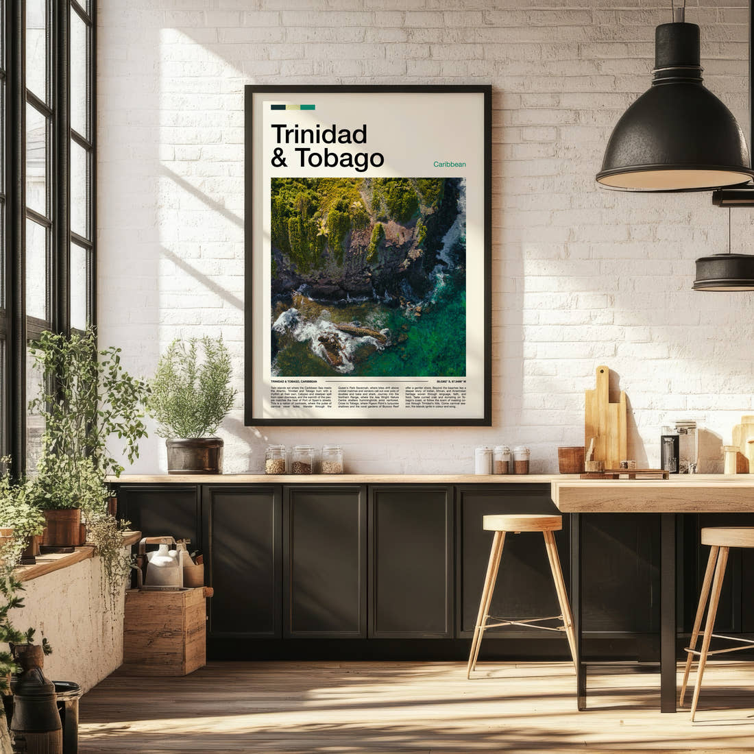 Trinidad & Tobago Rainforest Coastline Aerial Travel Print framed on the wall of a bright kitchen and dining space