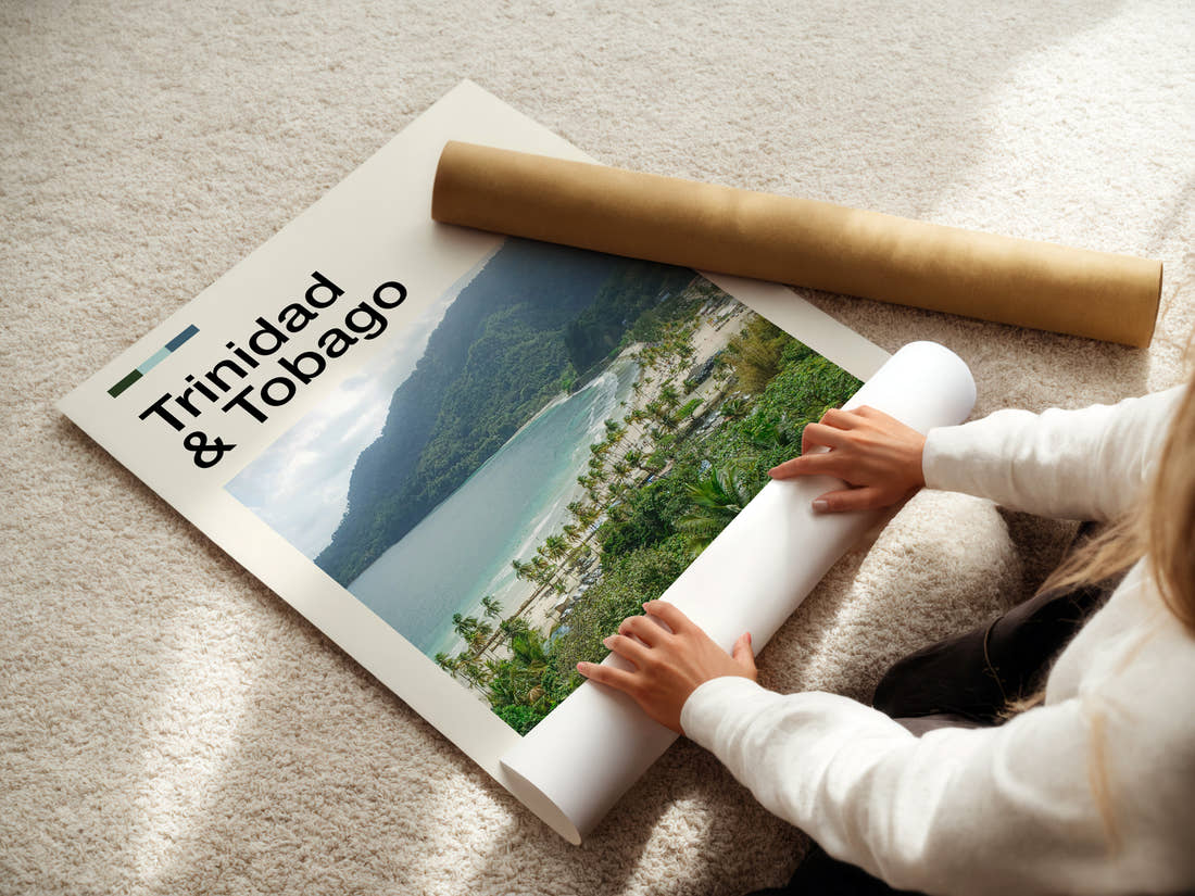 Trinidad & Tobago Coastal Bay Overlook Travel Print being unrolled from its postal tube